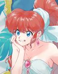  1girl blue_eyes breasts dress earrings happy highres jewelry nmnm_bbb official_alternate_costume plant ranma-chan ranma_1/2 red_hair solo teeth white_dress 