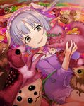  brown_eyes derivative_work dog hair_ornament highres idolmaster idolmaster_cinderella_girls koshimizu_sachiko licking monster open_mouth purple_hair ray-k short_hair third-party_edit 