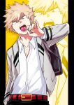  1boy backpack bag bakugou_katsuki belt black_pants blonde_hair boku_no_hero_academia candy eating food grey_jacket holding holding_candy holding_food holding_lollipop jacket lollipop looking_at_viewer male_focus open_mouth pants red_belt red_eyes school_uniform shirt short_hair solo spiked_hair teeth tongue tongue_out u.a._school_uniform white_shirt yazaki_(yazakc) zoom_layer 