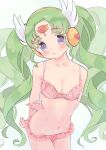  1girl :o arms_behind_back bare_shoulders blush bra breasts cleavage colored_eyelashes commentary_request cowboy_shot falulu falulu_(awakened) forehead_jewel frilled_bra frilled_panties frills green_hair grey_eyes hand_on_own_arm headphones highres hyakumangoku_masurao long_hair looking_at_viewer navel open_mouth panties parted_bangs pink_bra pink_panties pretty_series pripara sidelocks small_breasts solo standing twintails underwear underwear_only very_long_hair white_background wing_hair_ornament 