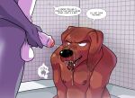 absurd_res anthro balls bodily_fluids canid canine canis domestic_dog doug_chad_(thekbear) flaccid genital_fluids genitals hi_res holding_penis humanoid_genitalia humanoid_penis kylo_easton_(thekbear) looking_angry lost_a_bet male male/male male_anthro mammal nipples nude peeing peeing_on_another penis speech_bubble text thekinkybear tongue tongue_out urine watersports