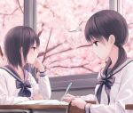  2girls black_hair black_serafuku cherry_blossoms desk holding holding_pencil long_sleeves low_twintails mechanical_pencil mizuno-go multiple_girls neckerchief notebook original paper pencil sailor_collar school_uniform serafuku shirt short_hair studying twintails white_shirt writing 