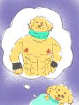 2023 3:4 abs alternate_form anthro big_muscles biped blue_scarf canid canine canis cu_sith_(tas) cuffs_(clothing) domestic_dog dream fur male mammal muscular muscular_anthro muscular_male nipples orange_nipples pecs sbms1_25 scarf sleeping solo yellow_body yellow_fur