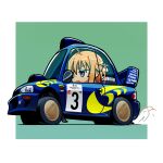  1girl absurdres ahoge blonde_hair border car chibi duz english_commentary green_background highres japanese_flag konoe_subaru long_hair mayo_chiki! motor_vehicle name_connection open_mouth outside_border race_vehicle racecar rally_car smoke solo spoiler_(automobile) subaru_(brand) subaru_impreza v-shaped_eyebrows vehicle_focus white_border world_rally_championship 