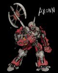  absurdres axe axonn_(bionicle) battle_axe bionicle black_background character_name clenched_hand eden_sanders english_commentary green_eyes highres holding holding_axe horns kanohi_(bionicle) science_fiction simple_background single_horn the_lego_group walking weapon 