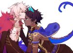  2boys arjuna_(fate) arjuna_alter_(fate) black_eyes black_hair blue_capelet brothers capelet closed_eyes dark-skinned_male dark_skin eyeliner facing_another fate/grand_order fate_(series) from_side highres indian_clothes karna_(fate) leaning_forward light_smile looking_at_another makeup male_focus multiple_boys red_eyeliner short_hair siblings tail white_background white_hair yeguangmusi 