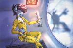 anthro black_hair claws clothing collar duo florence_ambrose freefall_(webcomic) fur grey_body grey_fur hair helix_(freefall) hi_res indigobx jumpsuit machine male pink_nose robot solo_focus tablet tail uzuri_dazzle_(indigobx)