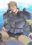  1boy absurdres armor bara blonde_hair blush cowboy_shot dungeon_meshi highres laios_thorden looking_at_viewer male_focus partially_submerged short_hair sideburns sitting solo spread_legs suyohara thick_eyebrows water 