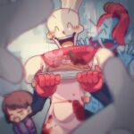  1boy 1girl 1other =_= ^_^ androgynous apron blue_skin blurry blurry_foreground blush_stickers brown_hair chef_hat child chinese_commentary closed_eyes colored_skin commentary_request covered_mouth covering_own_mouth facing_viewer fangs film_grain finger_frame fins food frisk_(undertale) gloves hands_up hat head_fins holding holding_plate ketchup lazy_kun one_eye_covered open_mouth out_of_frame papyrus_(undertale) pasta plate ponytail red_gloves red_hair short_hair skeleton smile spaghetti steam swept_bangs undertale undyne upper_body white_apron 