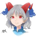  1girl commentary_request curly_hair dress gloves grey_gloves highres horn_ornament horn_ribbon horns medium_hair otomeza_ryuseigun pointy_ears rectangular_pupils red_eyes red_horns ribbon sheep_horns simple_background smile solo touhou toutetsu_yuuma translation_request unfinished_dream_of_all_living_ghost white_background 