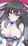  1girl :q absurdres bare_shoulders black_hair blush breasts breasts_squeezed_together cleavage cleavage_cutout clothing_cutout covered_navel elbow_gloves gloves gray_sister_(neptunia) grey_hair hair_between_eyes head_tilt heart highres large_breasts leotard long_hair maho_(neptunia) multicolored_hair neptune_(series) pink_eyes power_symbol smile solo stiris_rangetsu symbol-shaped_pupils tongue tongue_out two-tone_hair v_arms valentine very_long_hair white_gloves white_leotard 