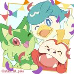  ;d ^_^ akira_(akira_art_poke) blue_eyes bright_pupils closed_eyes commentary_request confetti fangs fuecoco one_eye_closed open_mouth pokemon pokemon_(creature) quaxly smile sprigatito starter_pokemon_trio tongue white_background 