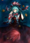  1girl autumn_leaves front_ponytail full_body green_hair hair_ribbon highres in_water kagiyama_hina leaf lying maple_leaf on_back orange_eyes ribbon shee_take touhou water 