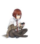  1girl :/ alternate_hairstyle arm_belt belt black_belt black_pantyhose blue_eyes brown_jacket closed_mouth collared_shirt controller daguofan feet full_body game_controller highres holding holding_controller holding_game_controller indian_style invisible_chair jacket legs light_frown long_sleeves makise_kurisu necktie no_shoes pantyhose red_hair red_necktie shadow shirt short_hair sidelocks simple_background sitting solo steins;gate thighs white_background white_shirt 