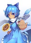  &gt;:) arm_at_side arm_up beckoning blue_bow blue_dress blue_hair bow cirno clenched_hand commentary_request cowboy_shot dress eyebrows_visible_through_hair flower flower_necklace hair_bow ice ice_wings jewelry looking_at_viewer necklace nezumi_(mouseto) outstretched_arm plant purple_eyes scarf short_hair short_sleeves smile solo sunflower tan tanned_cirno touhou v-shaped_eyebrows vines wings 