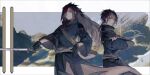  2boys belt black_gloves black_hair black_robe brown_belt closed_mouth crossed_arms gloves hair_over_one_eye highres holding holding_sword holding_weapon letterboxed long_hair long_sleeves looking_at_viewer male_focus multicolored_background multiple_boys naruto naruto_(series) outside_border red_eyes robe scroll scroll_background serious short_hair standing sword uchiha_izuna uchiha_madara weapon wide_sleeves ylan_tu 