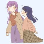  2girls :o blue_hair brown_coat brown_sweater casual coat commentary flying_sweatdrops hand_on_own_chin kase_(ks_lys) link!_like!_love_live! long_hair long_skirt long_sleeves looking_at_another loose_hair_strand love_live! multiple_girls murano_sayaka otomune_kozue plaid plaid_skirt puffy_long_sleeves puffy_sleeves purple_hair skirt smile sweater winter_clothes winter_coat 