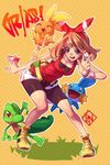  1girl bike_shorts grass haruka_(pokemon) haruka_(pokemon)_(remake) highres mudkip poch4n poke_ball pokemon pokemon_(game) pokemon_oras polka_dot polka_dot_background pouch shorts torchic treecko 