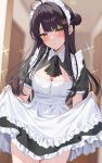  1girl ahoge alternate_costume apron ascot black_ascot black_hair blurry blurry_background breasts cleavage cleavage_cutout clothing_cutout commentary cowboy_shot enmaided frilled_apron frills hair_bun hair_ornament highres hizuki_higure long_hair looking_at_viewer maid maid_apron maid_headdress ore_no_haitoku_meshi_wo_onedari_sezu_ni_irarenai_otonari_no_top_idol-sama parted_lips sasaki_yuzuki short_sleeves single_hair_bun skirt_hold small_breasts solo sparkling_aura yellow_eyes 