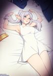  1girl alternate_breast_size armpits arms_up bare_legs bare_shoulders breasts dangle_earrings drop_earrings earrings elf frieren green_eyes jewelry long_hair lying neocoill on_back on_bed parted_bangs pointy_ears sheet_grab solo sousou_no_frieren thighs twintails white_hair 