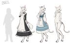 1girl :3 animal_ears apron aqua_dress arm_behind_back black_dress breasts buttons cat_ears cat_girl cat_tail colored_skin completely_nude dress full_body furry furry_female groin head_tilt index_finger_raised lansane long_dress long_sleeves looking_at_viewer maid maid_apron maid_headdress multiple_views navel no_nipples nude one_eye_closed open_mouth original short_hair simple_background small_breasts solo standing tail white_apron white_background white_hair white_skin yellow_eyes 