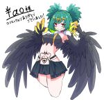  1girl black_feathers black_wings blush breasts claws colored_inner_hair commentary_request commission dr_yamero feathers green_hair harpy heart heart_tattoo highres indie_virtual_youtuber lincoro midriff monster_girl multicolored_hair navel open_mouth pointy_ears red_eyes short_hair short_twintails simple_background skeb_commission small_breasts smile solo stomach_tattoo tattoo tiara twintails two-tone_hair virtual_youtuber white_background winged_arms wings 