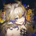  1girl :d acidinjection arknights bare_shoulders blonde_hair blue_eyes brown_hair brown_horns chromatic_aberration close-up collarbone crossed_bangs dragon_girl dragon_horns from_above glint gold gold_necklace hair_between_eyes hair_intakes highres horns jewelry light_particles long_hair looking_at_viewer multicolored_hair necklace off_shoulder open_mouth pointy_ears portrait purple_hair shu_(arknights) slit_pupils smile solo streaked_hair yellow_horns 