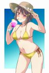  1girl bikini blue_background blush border breasts brown_headwear cleavage closed_mouth collarbone contrapposto crescent crescent_hair_ornament cup drink gradient_background grey_hair hair_ornament hat holding holding_cup holding_drink looking_at_viewer love_live! love_live!_nijigasaki_high_school_idol_club medium_breasts midriff nakasu_kasumi navel outside_border red_eyes short_hair sideboob solo standing swimsuit turkey_min uneven_eyes upper_body white_border yellow_bikini 