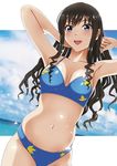  amagami armpits arms_up bikini black_hair blue_bikini blue_eyes breasts cleavage highres kishida-shiki long_hair looking_at_viewer medium_breasts morishima_haruka navel open_mouth smile solo swimsuit triangle_mouth 