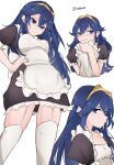  1girl alternate_costume apron black_dress blue_eyes blue_hair breasts covering_own_mouth dress english_commentary fire_emblem fire_emblem_awakening garter_straps hair_between_eyes hand_on_own_hip highres long_hair looking_at_viewer lucina_(fire_emblem) maid maid_apron multiple_views pout puffy_short_sleeves puffy_sleeves serafineart1001 short_sleeves small_breasts smile thighhighs tiara twitter_username white_apron white_background white_thighhighs 