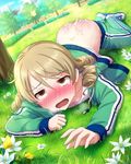  blonde_hair blush brown_eyes derivative_work drill_hair earrings idolmaster idolmaster_cinderella_girls jewelry morikubo_nono nude_filter open_mouth park ray-k short_hair solo tears third-party_edit tree 