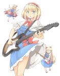  1girl alice_margatroid arnest blonde_hair blue_dress blue_eyes blush capelet commission dress drum electric_guitar feet_out_of_frame fender_stratocaster frilled_dress frills guitar hairband highres holding holding_instrument instrument lolita_hairband music open_mouth playing_instrument red_hairband shanghai_doll short_hair short_sleeves simple_background skeb_commission solo touhou white_background white_capelet 