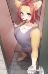 absurd_res anthro big_breasts blue_eyes bodily_fluids bottomwear breasts canid canine canis cleavage clothed clothing denyfake domestic_dog female fully_clothed fur hair hi_res huge_breasts looking_at_viewer mammal open_mouth opening_door red_hair shirt short_stack shorts solo sweat tan_body tan_fur tank_top topwear
