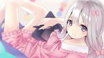  1girl blue_eyes bow eromanga_sensei female hair_bow hair_ornament holding izumi_sagiri legs long_hair looking_at_viewer pajamas pink_pajamas pink_shirt pink_shorts shirt shorts silver_hair smile solo tablet 