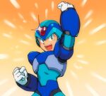  1boy android arm_up armor blue_headwear drawloverlala forehead_jewel glowing green_eyes helmet highres looking_at_viewer mega_man_(series) mega_man_x1 mega_man_x_(series) open_mouth scene_reference solo sparkle teeth upper_body upper_teeth_only victory_pose x_(mega_man) 