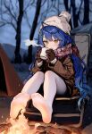  1girl amamiya_kokoro beanie blue_hair campfire cup feet fire hair_ornament hat highres holding holding_cup long_hair nijisanji on_chair open_mouth outdoors peeporose scarf snow steam tent thighhighs tree twintails virtual_youtuber white_thighhighs yellow_eyes 