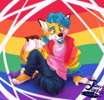absurd_res anthro barefoot beard blue_hair canid canine clothed clothing ear_piercing ear_ring facial_hair feet fox green_eyes hair hi_res lgbt_pride looking_at_viewer male mammal multicolored_clothing piercing pride_colors rainbow rainbow_clothing rainbow_pride_colors ring_piercing solo tonydunkel