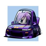  1girl absurdres blue_eyes border car chibi drifting driving duz english_commentary hair_behind_ear hair_between_eyes highres hiiragi_kagami lucky_star motor_vehicle nissan nissan_s13_silvia nissan_silvia outside_border purple_hair solo sports_car vehicle_focus white_border 