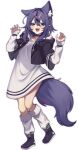  1girl :d absurdres animal_ear_fluff animal_ears asano_yoru asano_yoru_(artist) black_choker black_footwear black_hoodie blue_eyes boots braid choker claw_pose cropped_hoodie dress fangs fox_ears fox_girl fox_tail full_body hexagram highres hood hood_down hoodie indie_virtual_youtuber long_sleeves looking_at_viewer loose_socks multicolored_hair open_mouth purple_hair purple_nails short_hair side_braid simple_background smile socks sweater sweater_dress tail two-tone_hair virtual_youtuber white_background white_socks white_sweater 