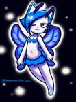 arthropod blue_hair blush bottomwear bra butterfly clothing disfigure domestic_cat felid feline felis female garcia glowing glowing_body hair hi_res hybrid insect lepidopteran lights mammal navel one_eye_closed promotional_material simple_background skirt smile solo tail underwear wings wink