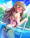  ass bangs blunt_bangs blush breast_hold breasts brown_hair day derivative_work dissolving_clothes eyebrows fence frown highres idolmaster idolmaster_cinderella_girls kamiya_nao long_hair medium_breasts one-piece_swimsuit partially_submerged pool pool_ladder ray-k red_eyes solo swimsuit third-party_edit torn_clothes 