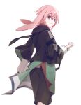  1boy animal_ears ansel_(arknights) arknights black_jacket black_shorts commentary from_behind gauze hair_between_eyes highres holding jacket layered_sleeves long_sleeves looking_at_viewer looking_back male_focus odjikasu parted_lips pink_hair rabbit_boy rabbit_ears rabbit_tail red_eyes short_over_long_sleeves short_sleeves shorts simple_background solo tail walking white_background wide_sleeves 