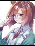  1girl adjusting_eyewear animal_ears asymmetrical_bangs black_eyes braid braided_ponytail breasts brown_hair closed_mouth coat collared_shirt glasses green_coat highres horse_ears ikuno_dictus_(umamusume) letterboxed long_hair long_sleeves looking_at_viewer maigo_(user_xkwr8585) necktie red_necktie round_eyewear shirt small_breasts solo umamusume upper_body vest white_shirt 