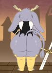 absurd_res anthro big_butt biped blitzyflair bottomless butt clothed clothing female grey_body grey_hair hair hi_res huge_butt lagomorph mammal melee_weapon pseudoregalia solo sword sybil_(pseudoregalia) tail thick_thighs weapon