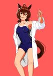  1girl absurdres agnes_tachyon_(umamusume) ahoge animal_ears armpits blue_one-piece_swimsuit bluetec3h breasts chemical_structure coat collarbone commentary_request competition_school_swimsuit earrings feet_out_of_frame hair_between_eyes hand_in_pocket highres holding holding_test_tube horse_ears horse_girl horse_tail jewelry lab_coat long_sleeves medium_breasts messy_hair one-piece_swimsuit open_clothes open_coat open_mouth red_background red_eyes school_swimsuit school_uniform short_hair single_earring smile solo swimsuit swimsuit_under_clothes tail teeth test_tube tracen_school_uniform umamusume upper_teeth_only white_coat 