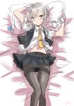  1girl asymmetrical_hair bed black_pantyhose black_skirt black_vest collared_shirt commentary_request condom condom_wrapper dress_shirt feet_out_of_frame flipped_hair frilled_pillow frills fuji_(pixiv24804665) gloves grey_eyes grey_hair highres kantai_collection long_hair lying navel necktie nowaki_(kancolle) panties panties_under_pantyhose pantyhose pillow pleated_skirt school_uniform shirt skirt solo thighband_pantyhose underwear vest white_gloves white_panties white_shirt yellow_necktie 