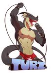  abs anthro badge bracelet bulge cable clothing dragon ear_piercing horn jewelry male muscular nipple_piercing nipples patto pecs piercing singing solo teeth turi_shadowscale underwear 