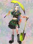  1girl artist_name belt black_belt black_footwear black_skirt boots bow chain closed_mouth curtained_hair full_body green_eyes grey_background grey_hair highres himemushi_momoyo holding holding_pickaxe holding_shovel leg_tattoo long_hair looking_at_viewer midriff multicolored_hair natsuakari navel orange_bow pickaxe plaid plaid_skirt shovel signature skirt smile solo tattoo touhou waist_bow 