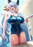 1girl alternate_breast_size bare_shoulders blue_hair blue_one-piece_swimsuit breasts covered_navel eu03 granblue_fantasy grey_eyes groin huge_breasts long_hair low_twintails name_tag old_school_swimsuit one-piece_swimsuit open_mouth pool_ladder satyr_(granblue_fantasy) school_swimsuit skindentation smile solo swimsuit teeth thick_thighs thighs tongue twintails upper_teeth_only very_long_hair wet wet_clothes wet_swimsuit 
