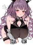  1girl ? arknights bare_shoulders black_horns blush breasts cleavage commentary_request detached_sleeves fake_horns grey_sleeves highres horns kyuu_(plastic_night_q) large_breasts long_hair looking_at_viewer purple_hair red_eyes simple_background solo spoken_question_mark thigh_strap typhon_(arknights) white_background 